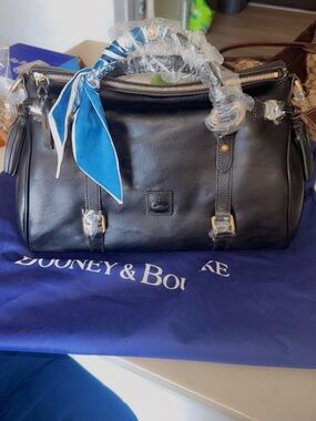 Dooney & Bourke Black Leather Satchel with Blue Scarf